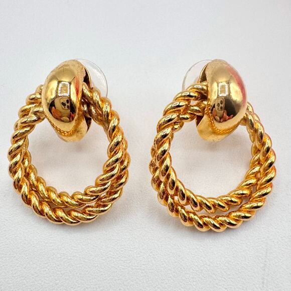 Vintage Rope Knot Door Knocker Style Earrings Gold Tone 80s Retro Chic Runway - Picture 1 of 9